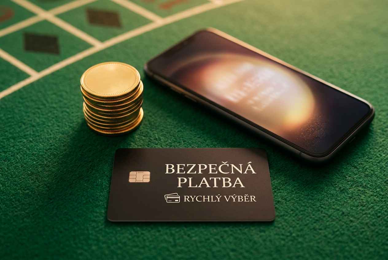 Flat-lay kompozice smartphonu s abstraktním leskem a neoznačené platební karty na kasinovém plátně
